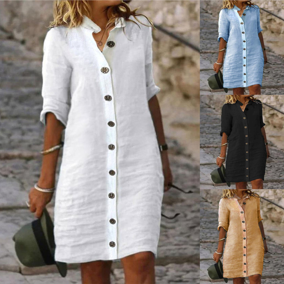 Half-sleeved Shirt Dress Summer V-neck Single-breasted Button Dresses Women's Clothing