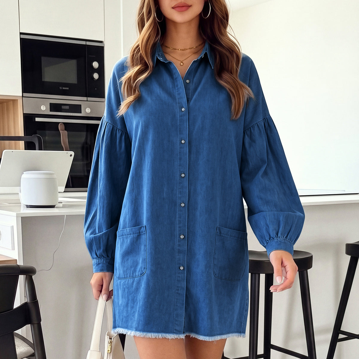 Turn-down Collar Lantern Long Sleeves Single-breasted Relaxed-fit Midi Denim Dress