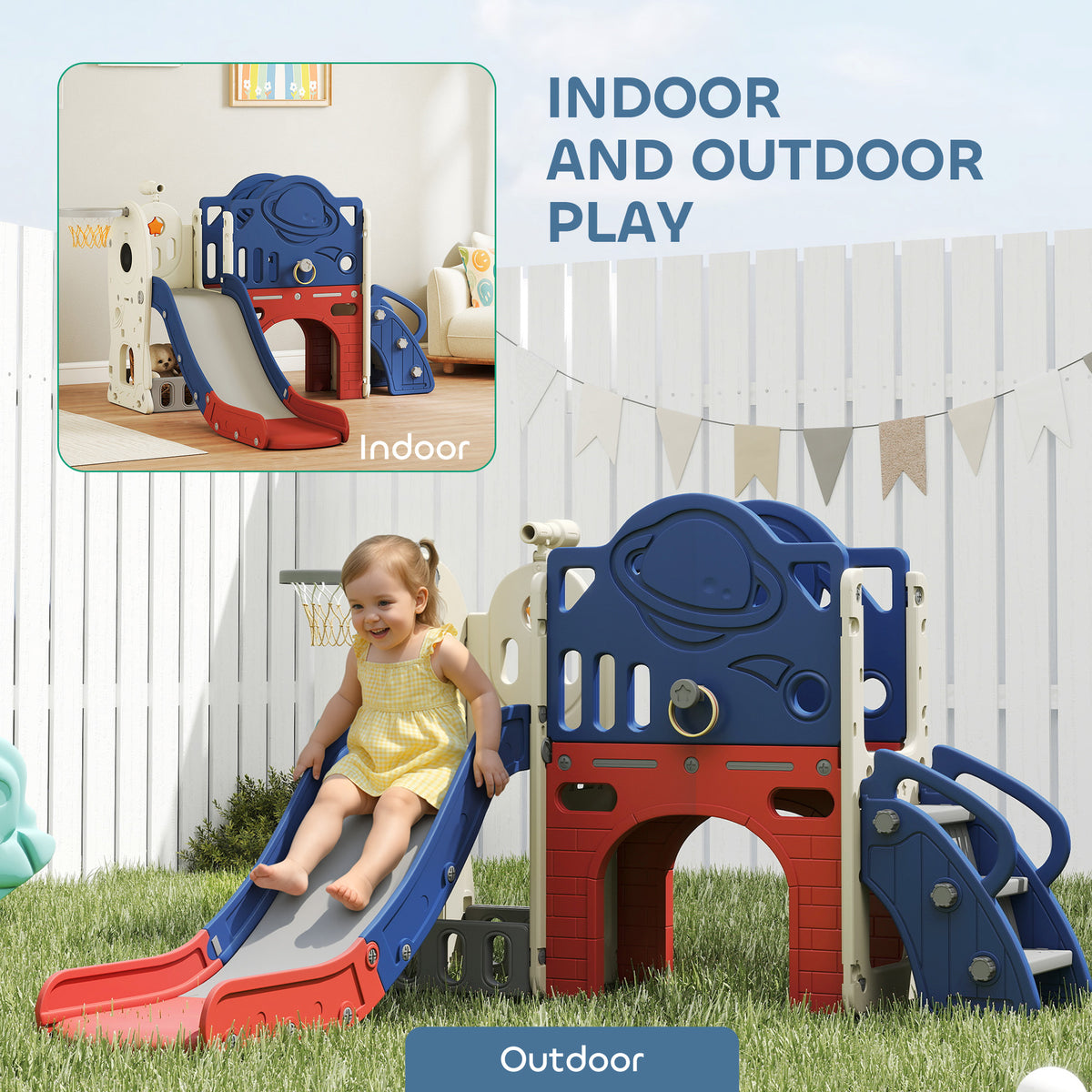 8-in-1 Toddler Slide Set with Basketball Hoop, Indoor Outdoor Playground Playset for Kids, Blue