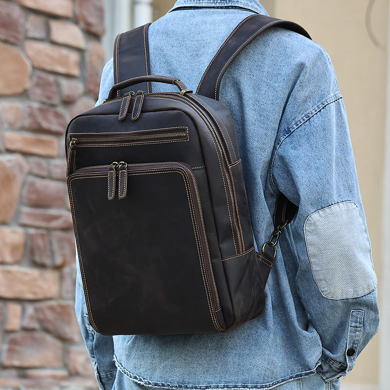 New Outdoor Travel Backpack Men's Backpack Genuine Leather Men's Bag Business Leisure Crazy Horse Leather Backpack