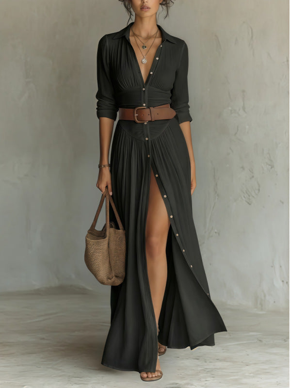Women's Casual V-Neck Long Dress with High Side Split - Versatile Loose Fit Maxi Gown for Daily Wear