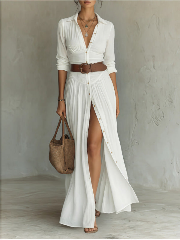 Women's Casual V-Neck Long Dress with High Side Split - Versatile Loose Fit Maxi Gown for Daily Wear