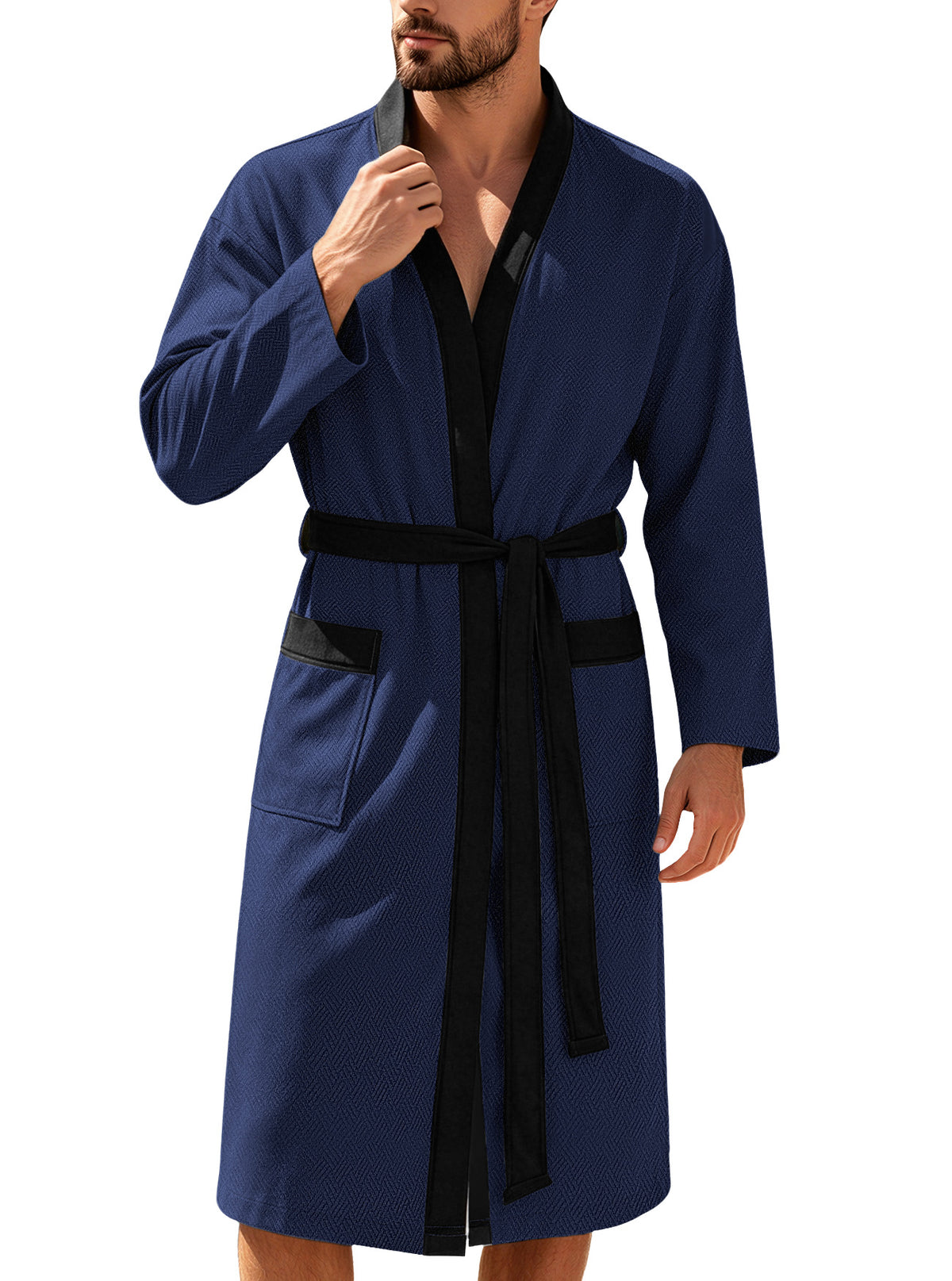 Mens Twill Terry Cloth Casual Long Robe With Two Pockets And Drawstring Tie