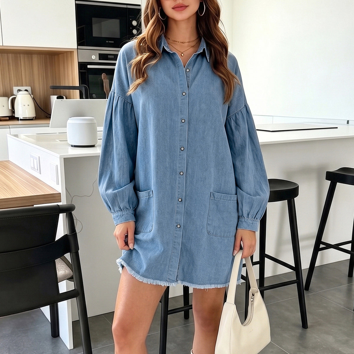 Turn-down Collar Lantern Long Sleeves Single-breasted Relaxed-fit Midi Denim Dress