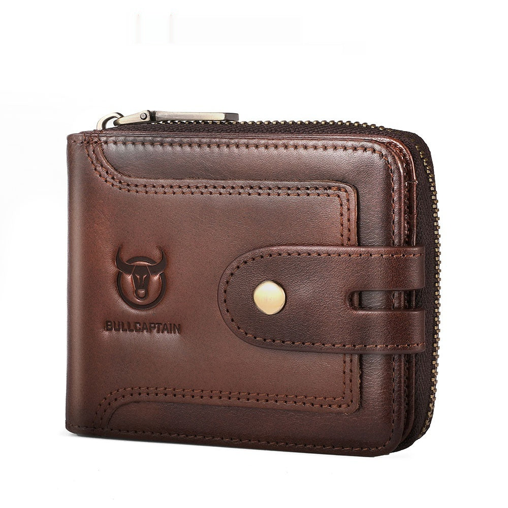 Genuine Leather Mens Multifunctional Short Zipper Wallet