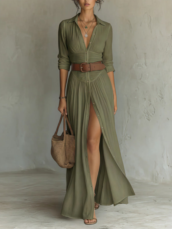 Women's Casual V-Neck Long Dress with High Side Split - Versatile Loose Fit Maxi Gown for Daily Wear