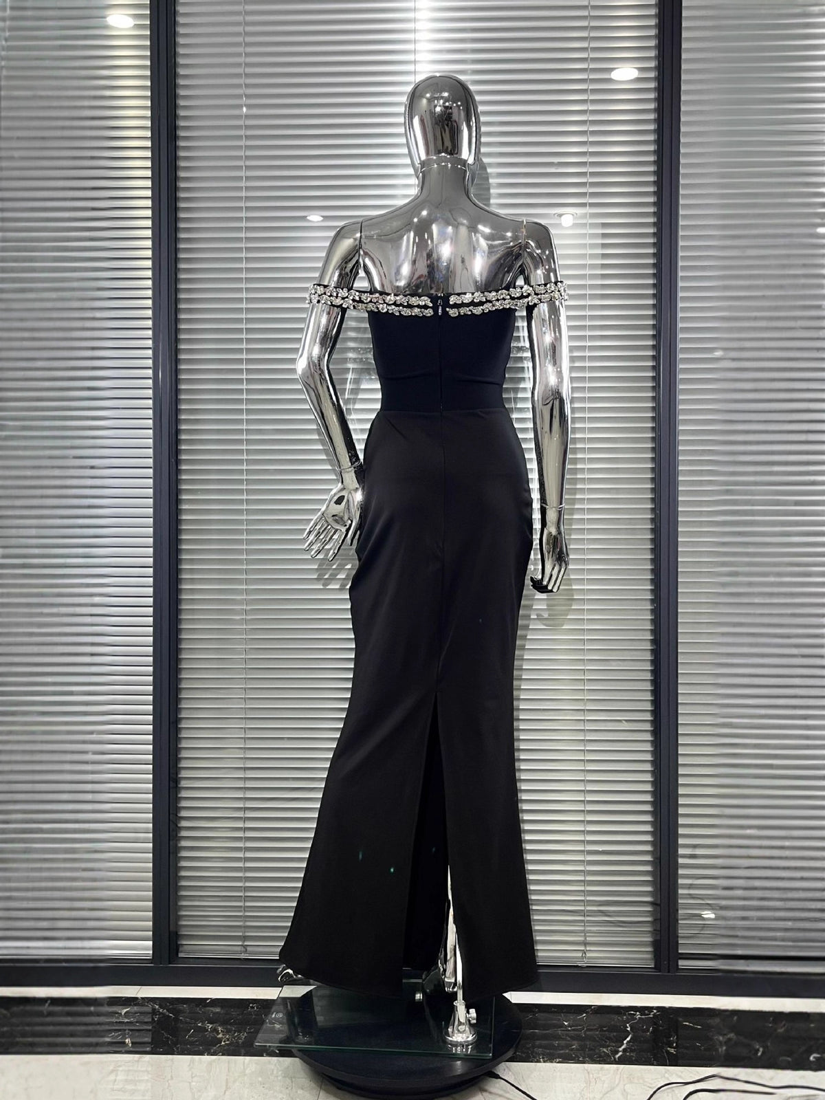 Black Off-The-Shoulder Crystal Beaded Mermaid Evening Gown