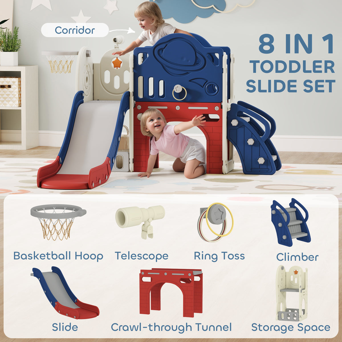 8-in-1 Toddler Slide Set with Basketball Hoop, Indoor Outdoor Playground Playset for Kids, Blue