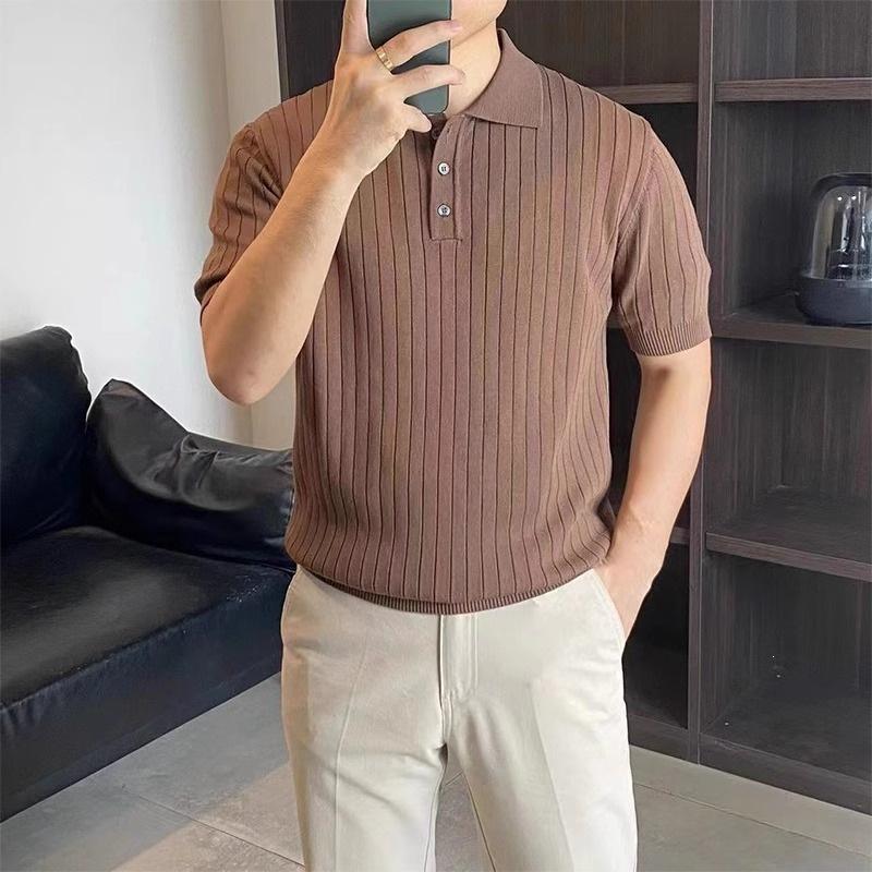 Lapel Knit Short-sleeved Mens Preppy-style Sweater