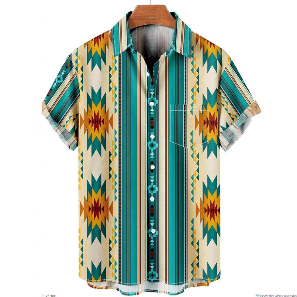 Short-sleeved Lapel-printed Loose-fitting Casual Shirt