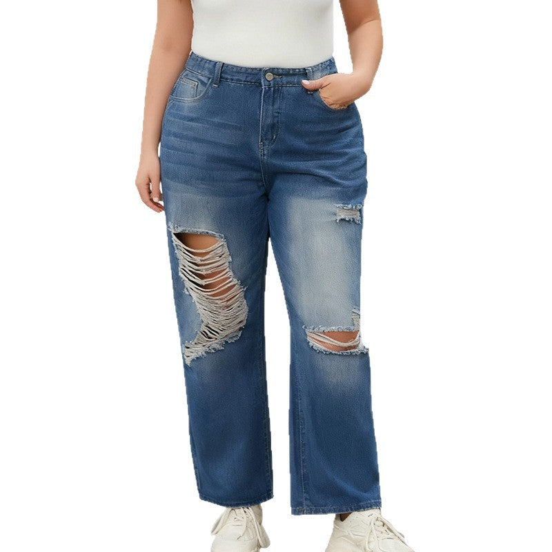 Plus Size Baggy Blue Straight Leg Ripped Jeans