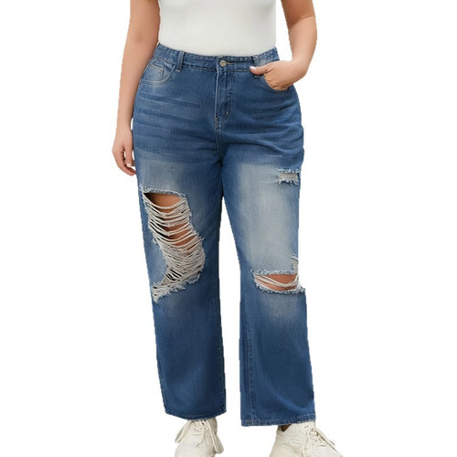 Plus Size Baggy Blue Straight Leg Ripped Jeans