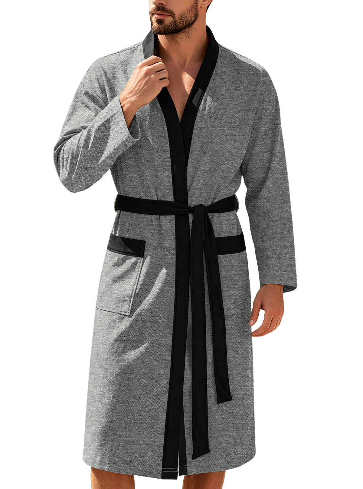 Mens Twill Terry Cloth Casual Long Robe With Two Pockets And Drawstring Tie