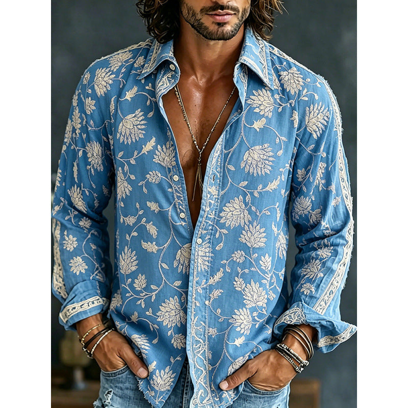Men's Digital-Print Retro Floral Casual Shirt