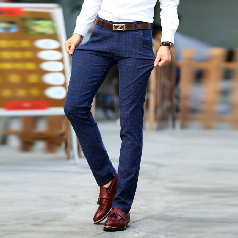 Straight trousers for men - Plaid cotton and linen