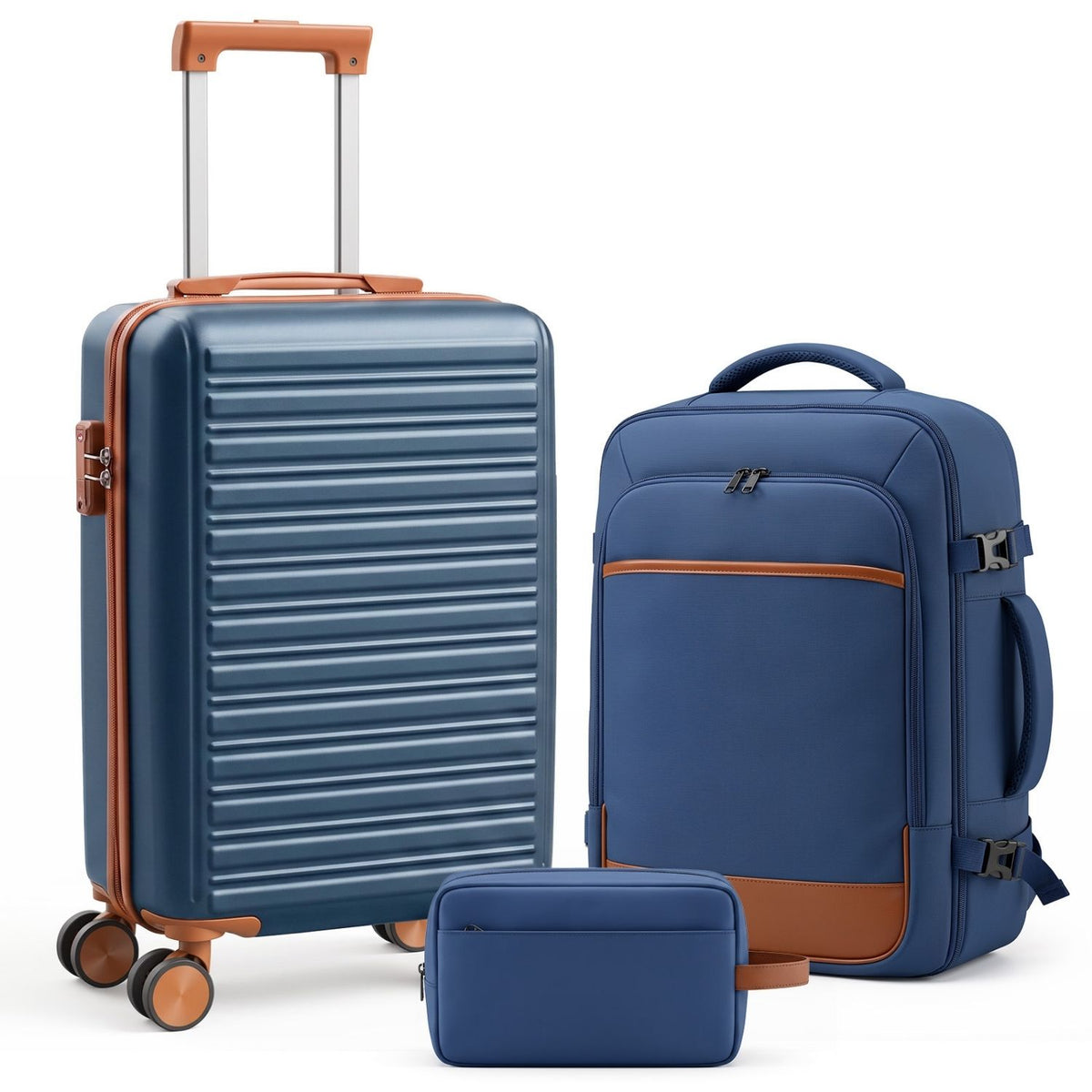 3-Piece Travel Luggage Set With Backpack, TSA Lock Hard Shell Carry On Suitcase And Travel Bag