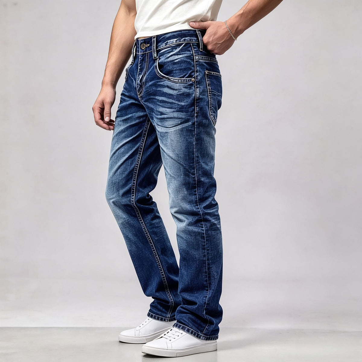 Men's Fleece Lined Flare Jeans Vintage Blue Washed Winter Warm Denim Pants Ships From US