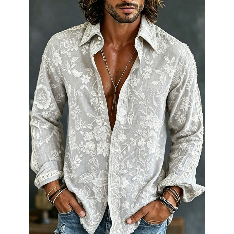 Men's Digital-Print Retro Floral Casual Shirt