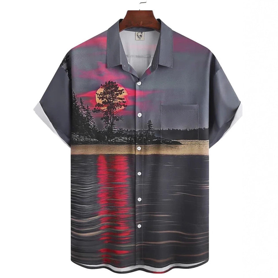Short-sleeved Lapel-printed Loose-fitting Casual Shirt