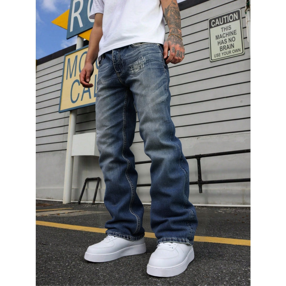 Big And Tall Men's Jeans Relaxed Straight Leg Vintage Blue Washed Plus Size Denim Pants US Warehouse