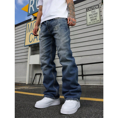 Big And Tall Men's Jeans Relaxed Straight Leg Vintage Blue Washed Plus Size Denim Pants US Warehouse