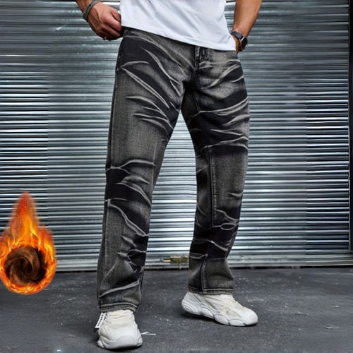 Fleece Lined Baggy Jeans Men Black Grey Whisker Wash Warm Winter Denim US Warehouse Stock