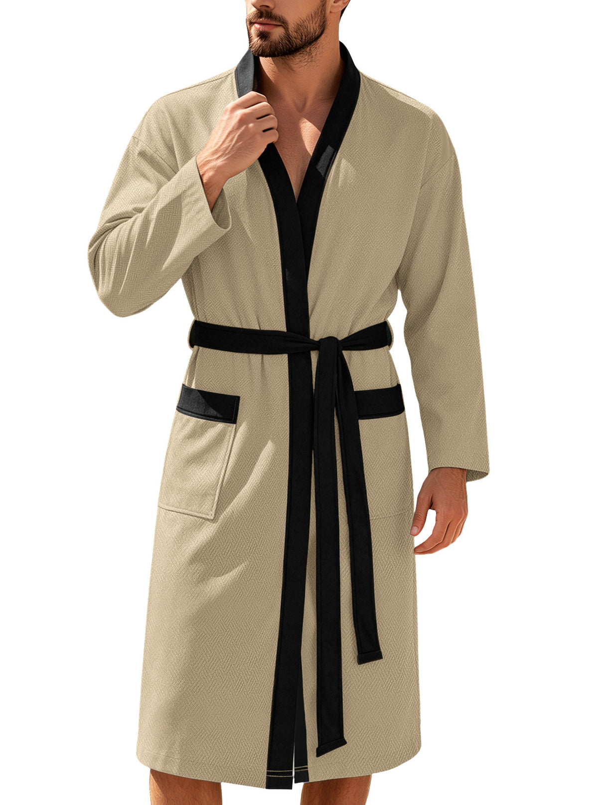 Mens Twill Terry Cloth Casual Long Robe With Two Pockets And Drawstring Tie
