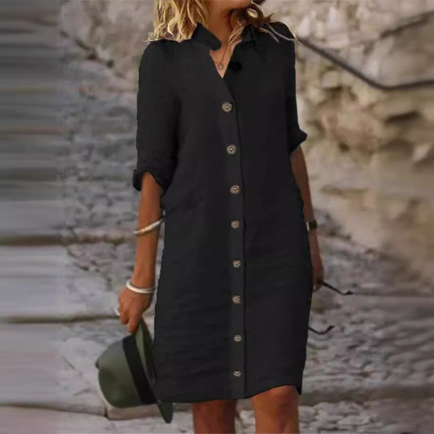 Half-sleeved Shirt Dress Summer V-neck Single-breasted Button Dresses Women's Clothing