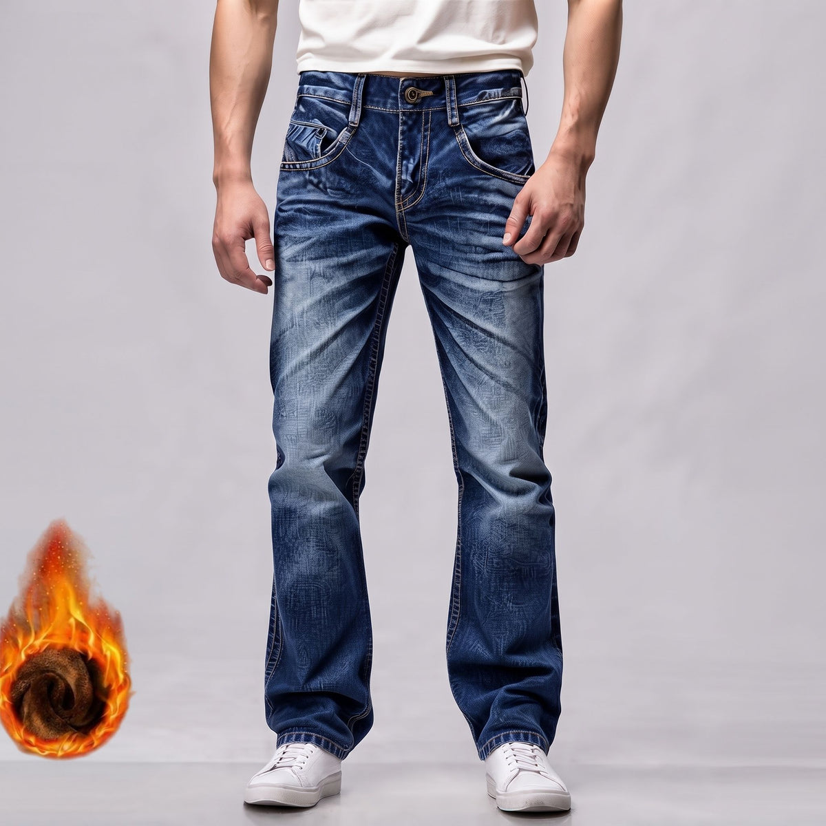 Men's Fleece Lined Flare Jeans Vintage Blue Washed Winter Warm Denim Pants Ships From US