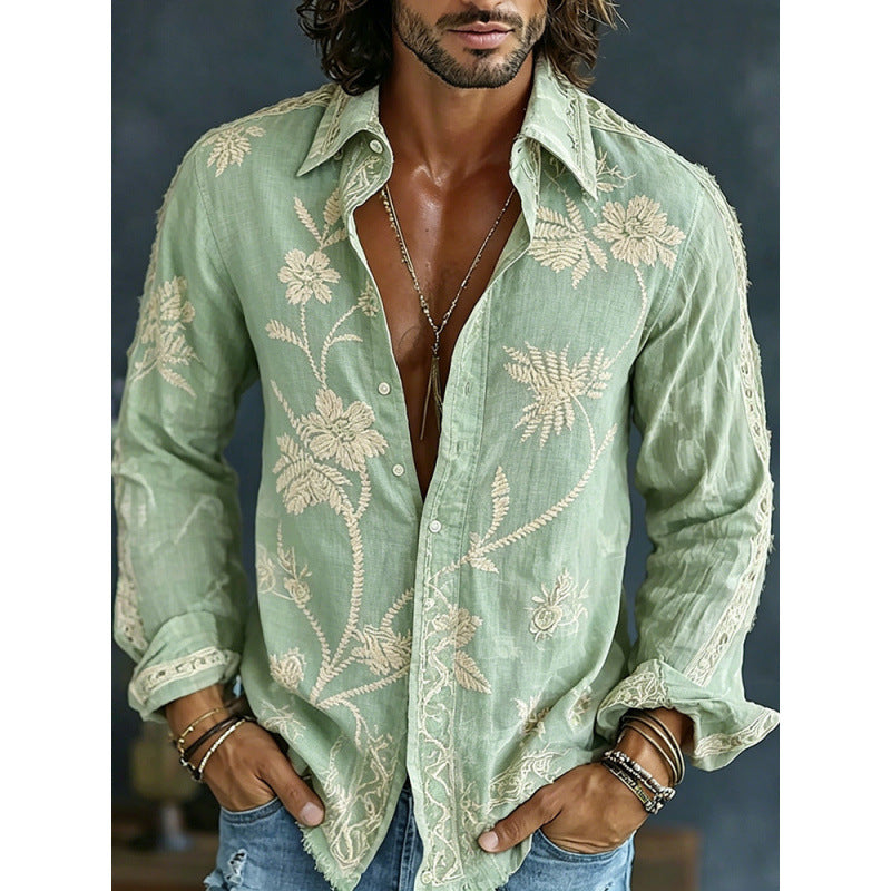 Men's Digital-Print Retro Floral Casual Shirt