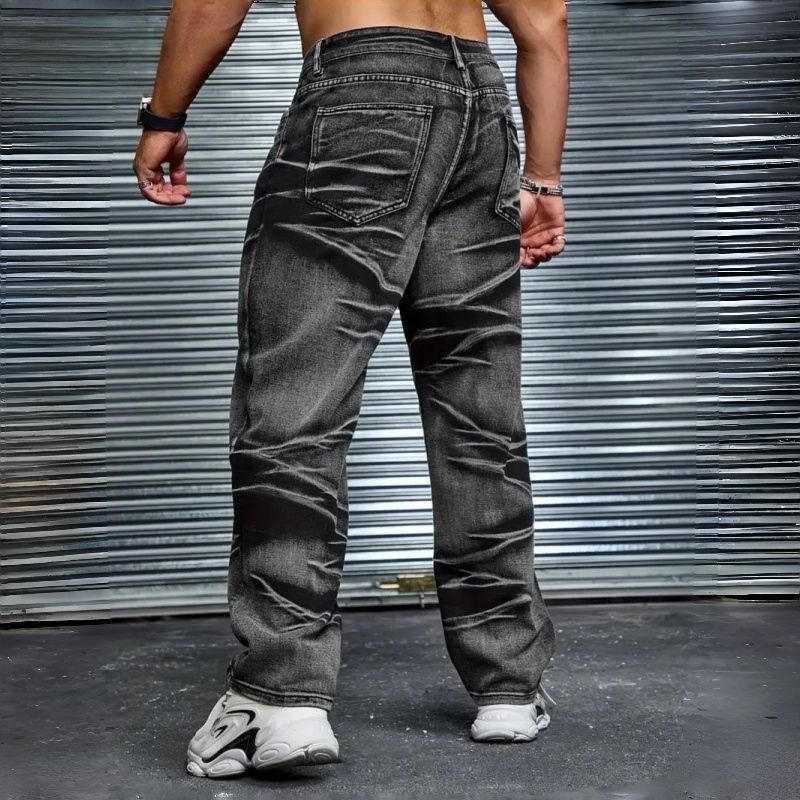 Fleece Lined Baggy Jeans Men Black Grey Whisker Wash Warm Winter Denim US Warehouse Stock