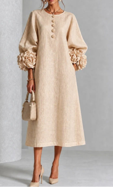 Three-dimensional Floral Dress With Puff Sleeves French-style A-line Party Wedding Dresses Women's Clothing