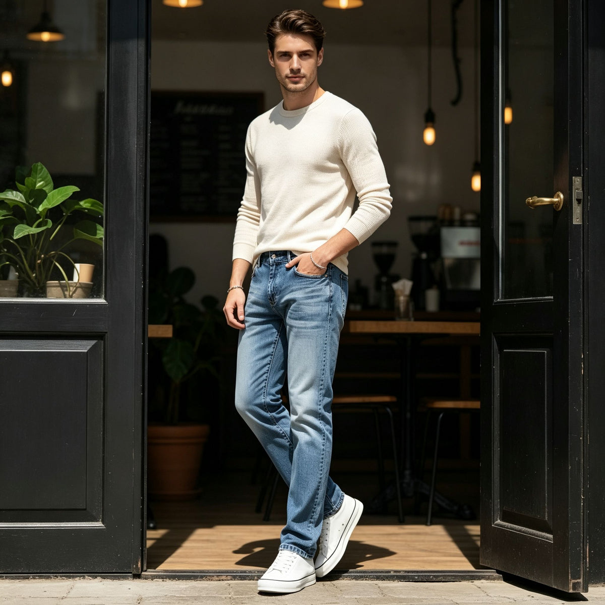 Snow Wash Fleece Lined Jeans Men Light Blue Straight Denim Pants Winter Warm US Local Inventory