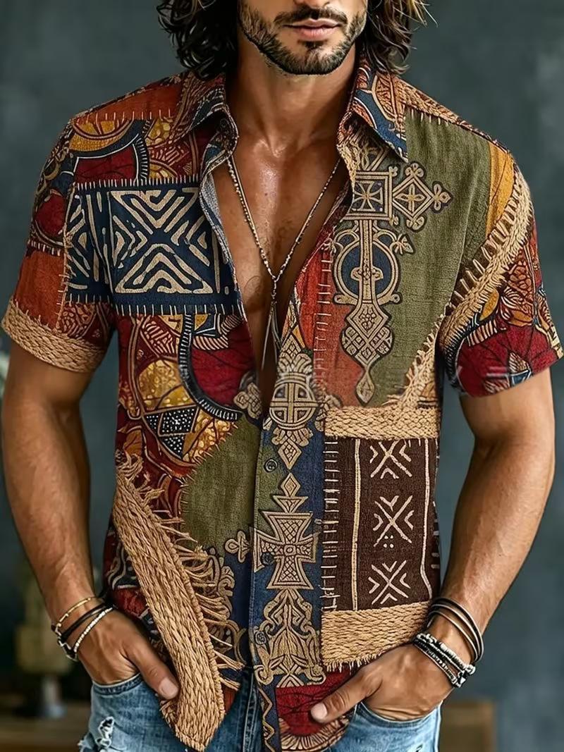 Retro Men's Color-block Short-sleeve Shirt