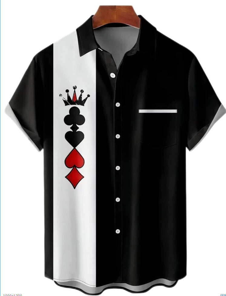 Short-sleeved Lapel-printed Loose-fitting Casual Shirt