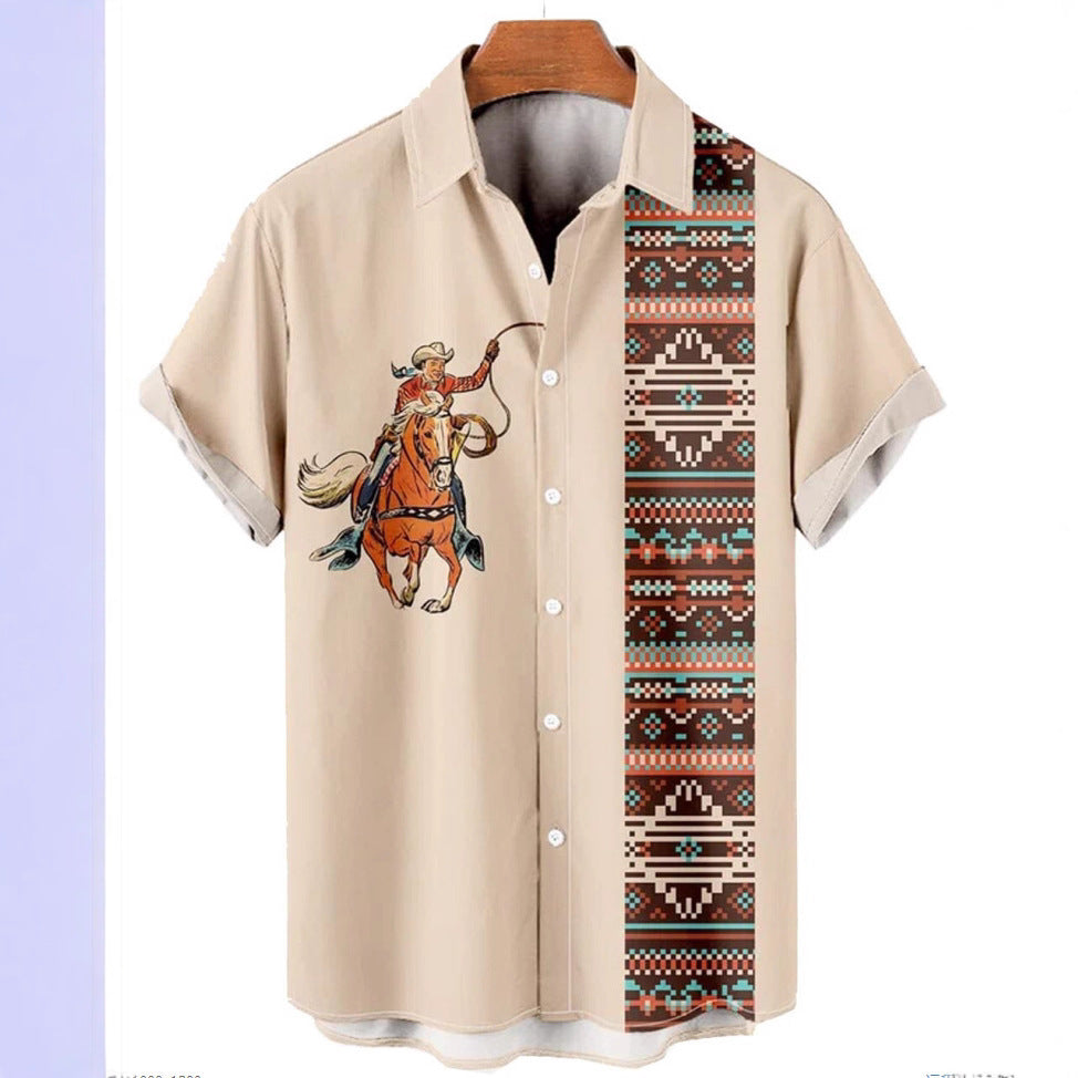 Short-sleeved Lapel-printed Loose-fitting Casual Shirt