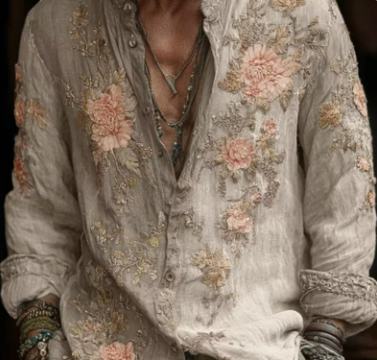 Men's Digital-Print Retro Floral Casual Shirt