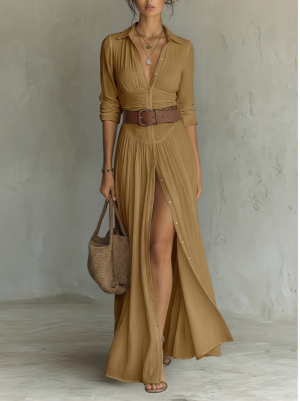 Women's Casual V-Neck Long Dress with High Side Split - Versatile Loose Fit Maxi Gown for Daily Wear