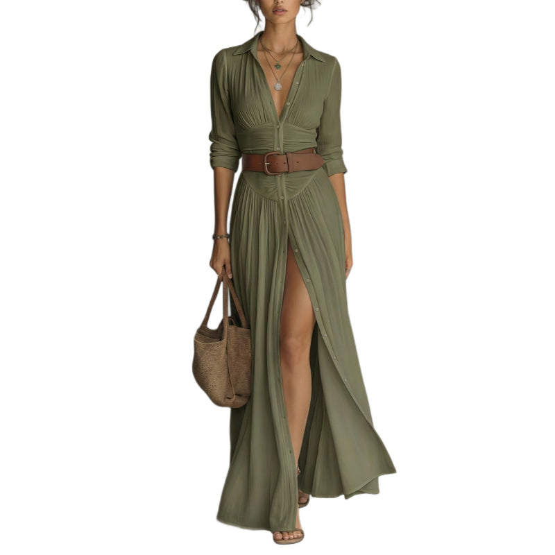 Women's Casual V-Neck Long Dress with High Side Split - Versatile Loose Fit Maxi Gown for Daily Wear
