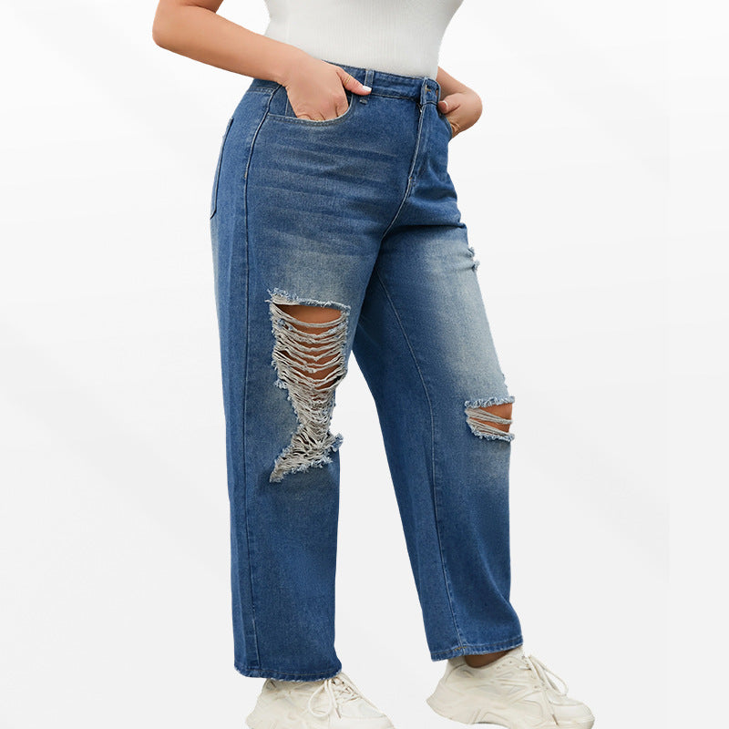 Plus Size Baggy Blue Straight Leg Ripped Jeans