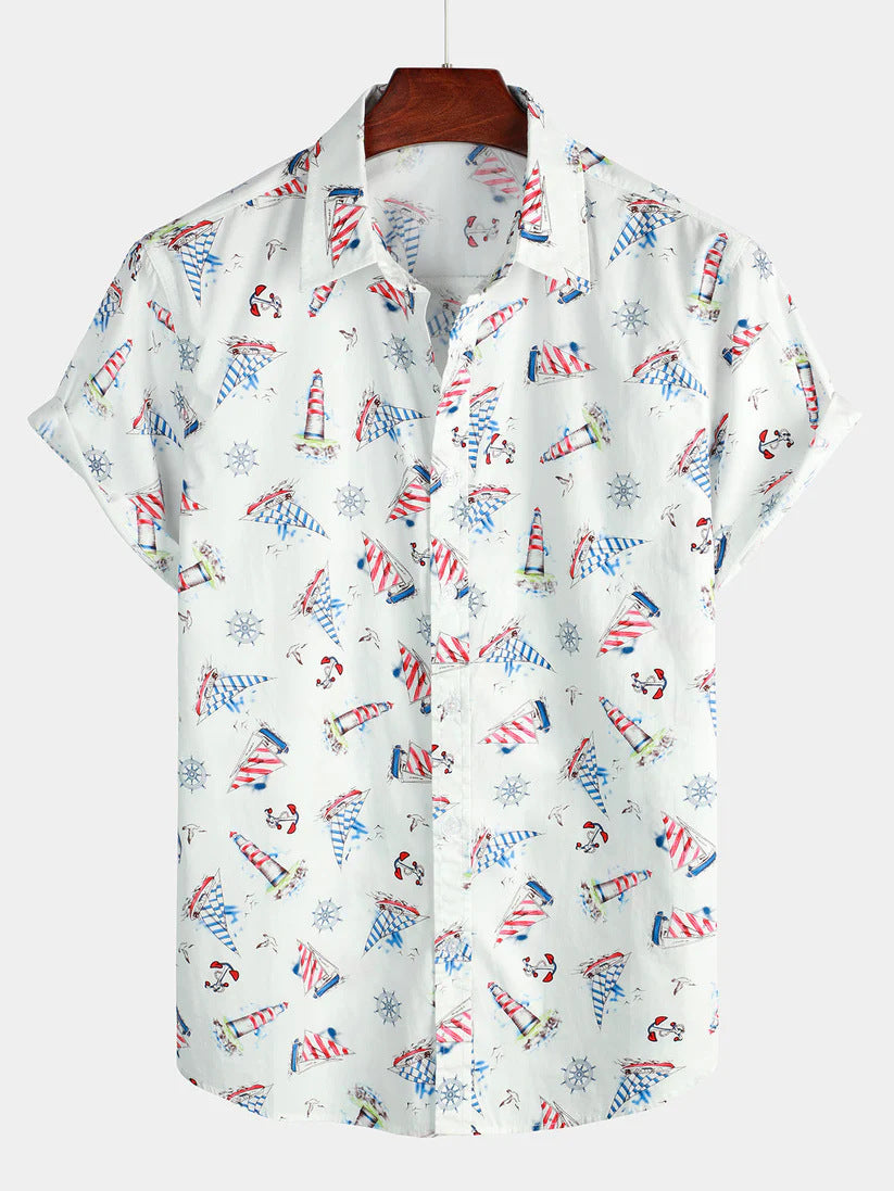 Short-sleeved Lapel-printed Loose-fitting Casual Shirt