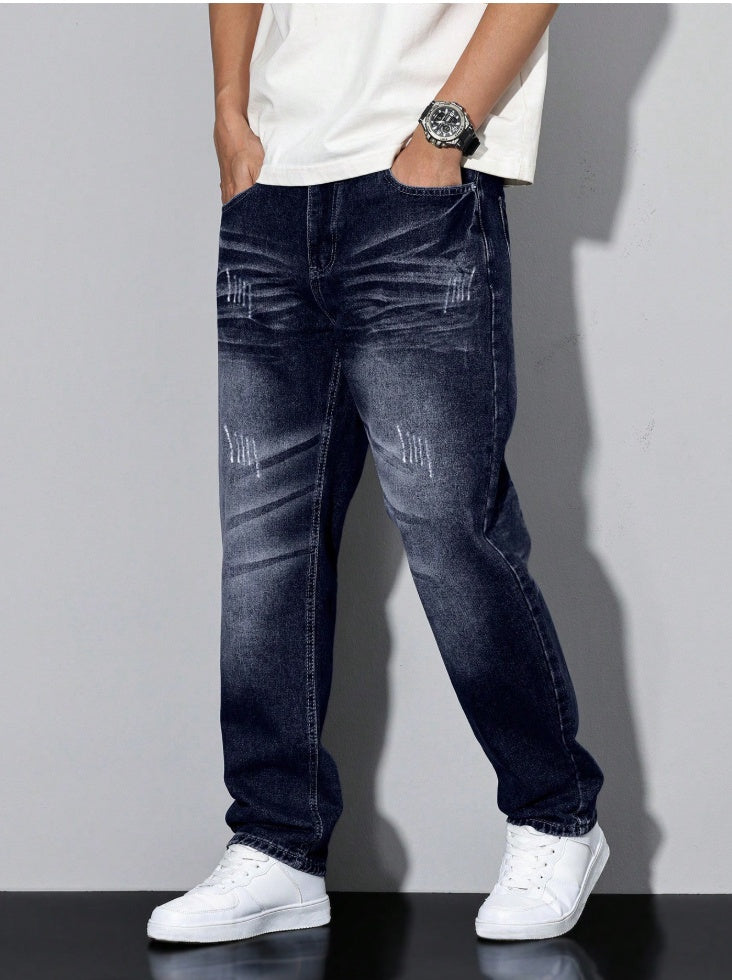 Dark Blue Fleece Lined Jeans Men Whisker Washed Straight Denim Pants Fast US Fulfillment