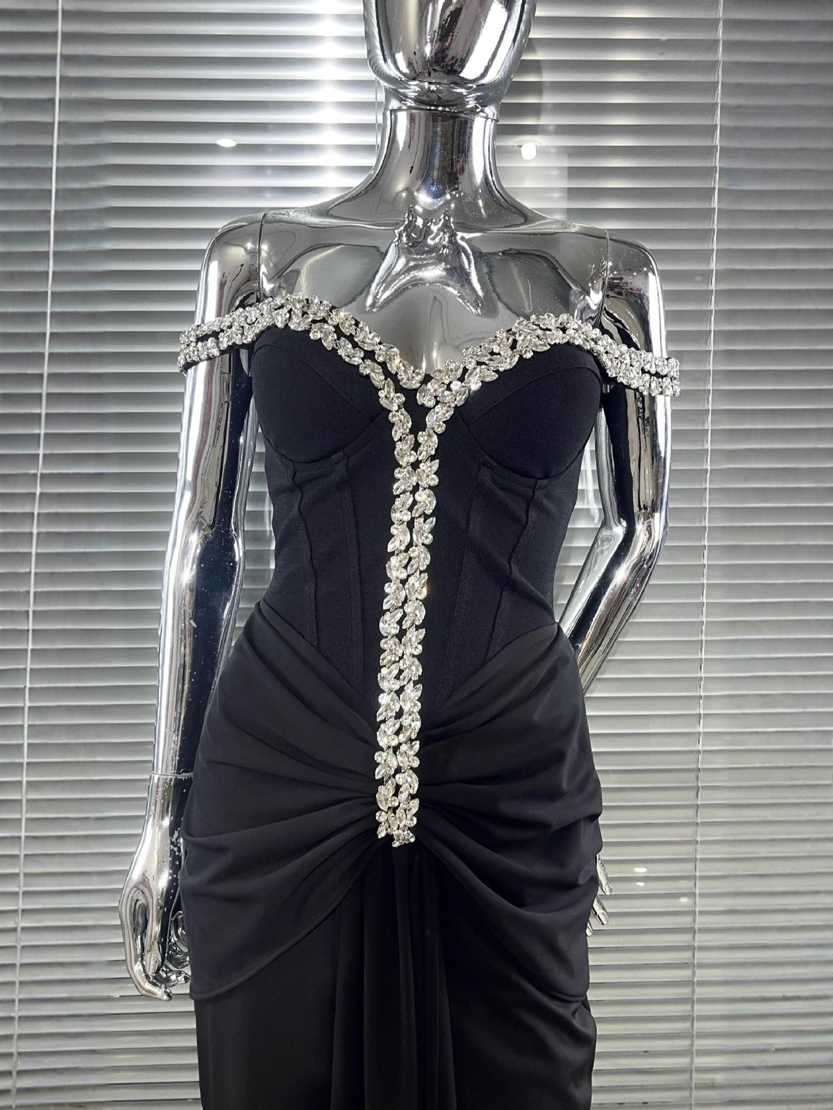 Black Off-The-Shoulder Crystal Beaded Mermaid Evening Gown