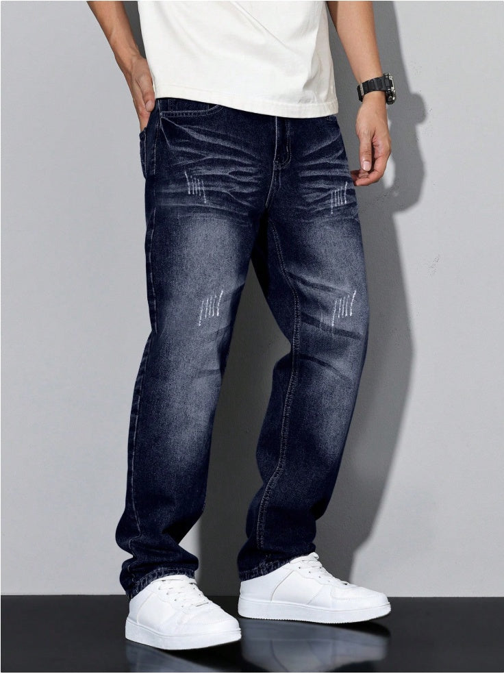 Dark Blue Fleece Lined Jeans Men Whisker Washed Straight Denim Pants Fast US Fulfillment