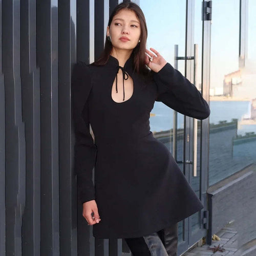 Womens Short A-Line Dress With Long Sleeves And A Mandarin Collar