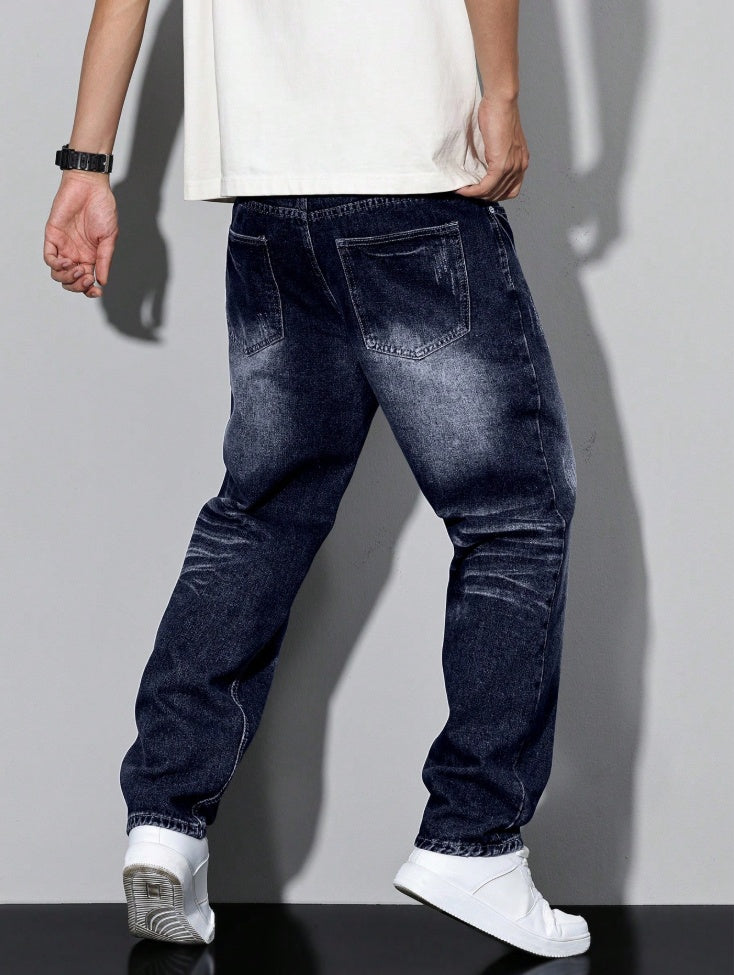 Dark Blue Fleece Lined Jeans Men Whisker Washed Straight Denim Pants Fast US Fulfillment