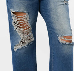 Plus Size Baggy Blue Straight Leg Ripped Jeans