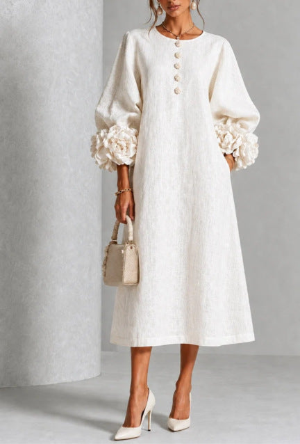 Three-dimensional Floral Dress With Puff Sleeves French-style A-line Party Wedding Dresses Women's Clothing