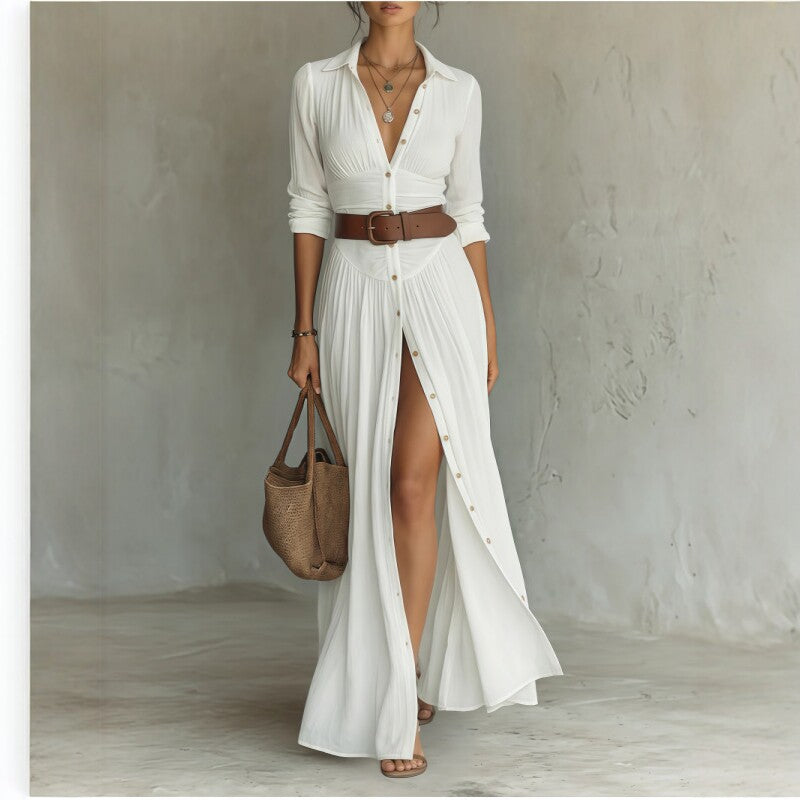 Women's Casual V-Neck Long Dress with High Side Split - Versatile Loose Fit Maxi Gown for Daily Wear