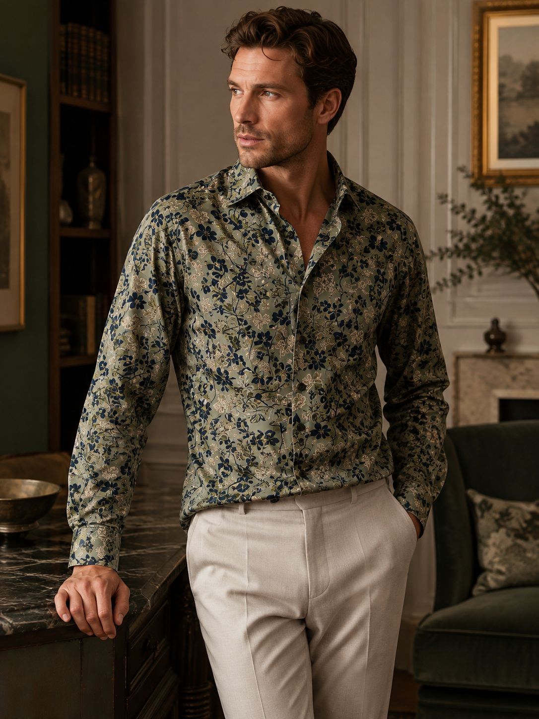 Mens All-over Print Long-sleeve Floral Shirt